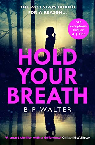 Book cover: silhouetted figure in a dark, misty forest, pink title text.