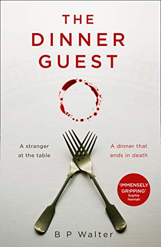 Book cover: "The Dinner Guest" with crossed forks and a red stain.