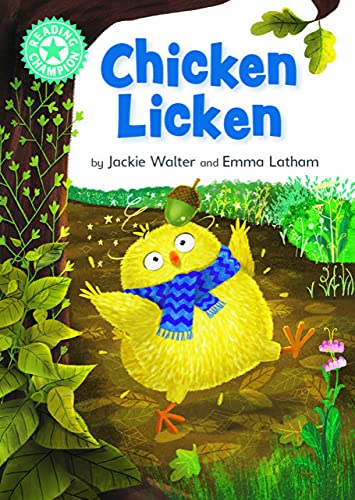 Book cover: yellow chicken with an acorn on its head, illustrated scene.