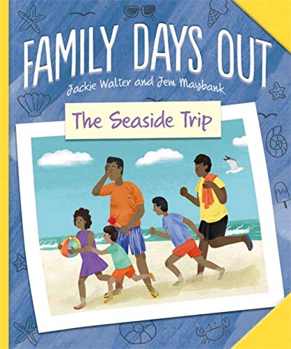 Family running on a beach, illustrated book cover, "The Seaside Trip".