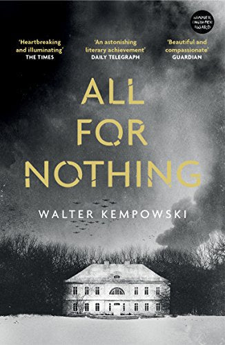 Book cover: "All for Nothing" with a snow-covered manor house image.