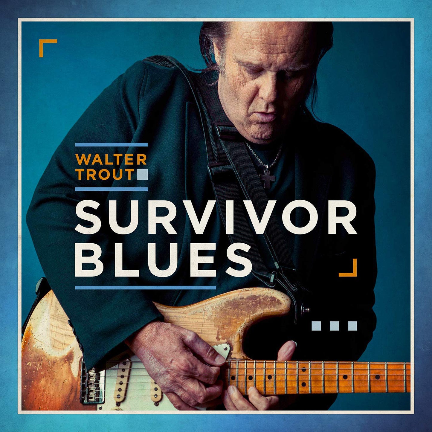 "Album cover with Walter Trout playing guitar, 'Survivor Blues' title in white text."