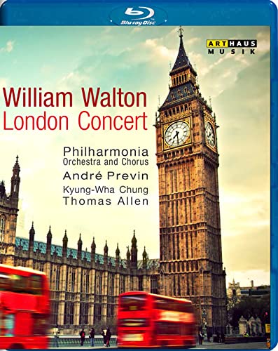 Blu-ray cover for William Walton’s London Concert, featuring Big Ben and red buses.