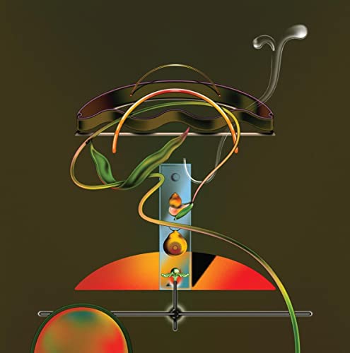 Abstract digital art featuring geometric shapes, organic curves, and a central metallic column.