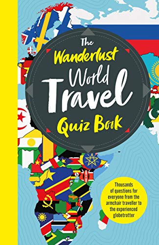 Book cover with world map background and title "The Wanderlust World Travel Quiz Book".