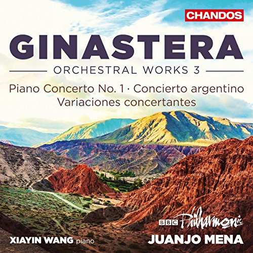 CD cover featuring Ginastera orchestral works with a landscape of colorful mountains and sky.
