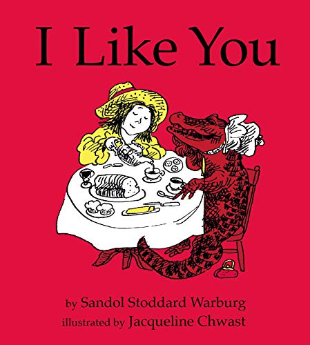 Book cover: girl in yellow hat having tea with an alligator.