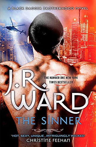 Book cover: muscular man’s back, city skyline, helicopter, title “The Sinner”.