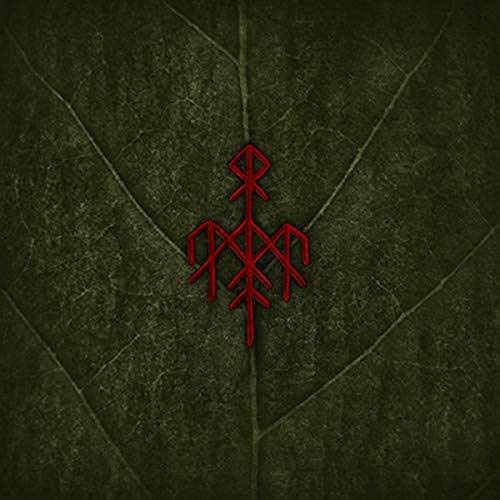 Red Yggdrasil rune symbol on a textured dark green background.