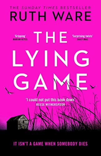 Book cover for The Lying Game by Ruth Ware with pink background and silhouette.
