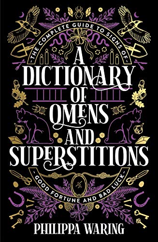 Book cover with gold and purple illustrations of omens and superstitions.