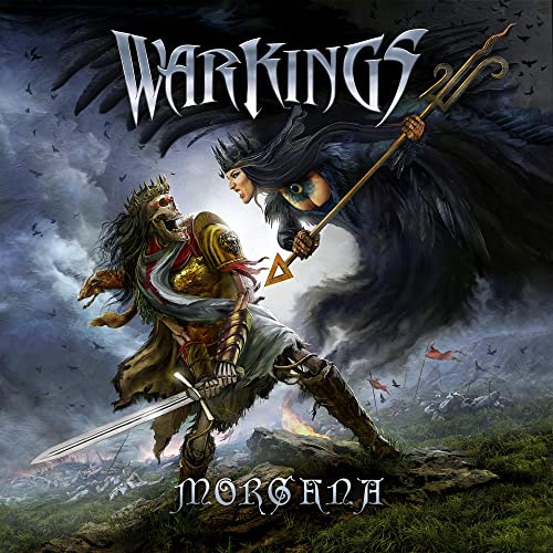 Fantasy album cover featuring skeletal warrior and dark-haired woman with spears.