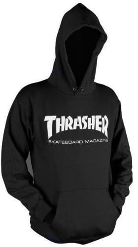 Black hoodie with white "Thrasher Skateboarding Magazine" logo centered on chest.