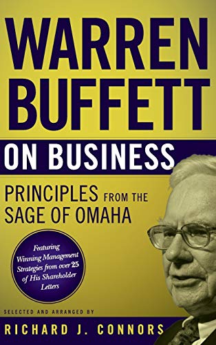 Book cover: "Warren Buffett on Business" with a portrait of Warren Buffett.