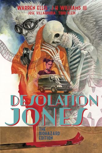 Graphic novel cover featuring a man in goggles, a skeleton, and a van.