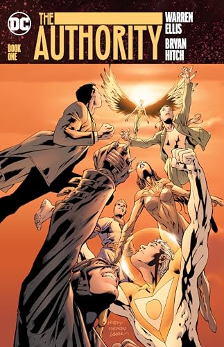 Comic book cover featuring a group of superheroes flying against an orange sunset sky.
