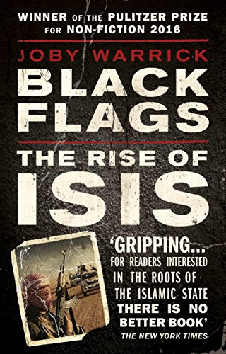 Book cover for Black Flags: The Rise of ISIS by Joby Warrick against dark background.