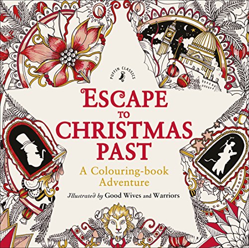Colouring book cover with festive illustrations, Victorian London, and a lion crest.