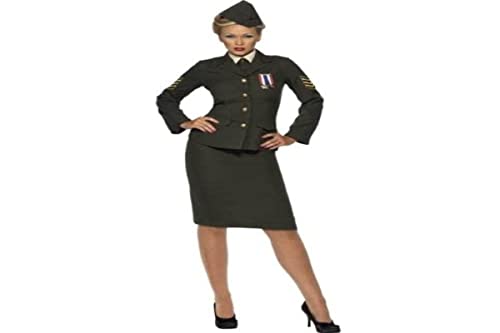 Woman in a dark green, vintage-style wartime officer costume.