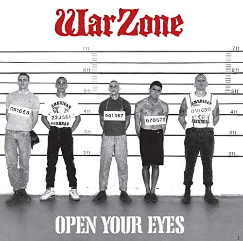 CD cover for Warzone’s “Open Your Eyes” featuring a mugshot-style group portrait.