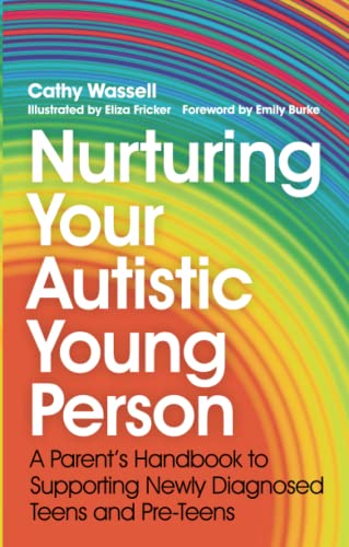 Handbook cover with calm colors, teen/pre-teen autistic individual, and supportive parent figure illustration.