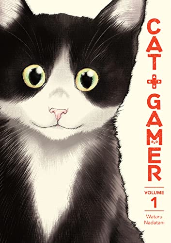 A close-up illustration of a black and white cat on a manga cover.