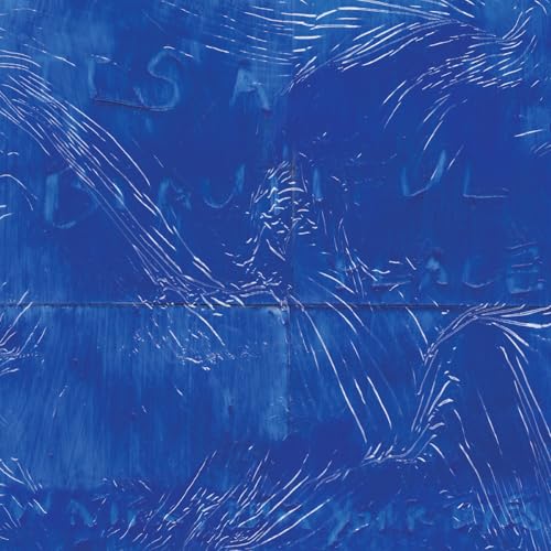 Blue vinyl record cover with white, abstract, scratched lettering.