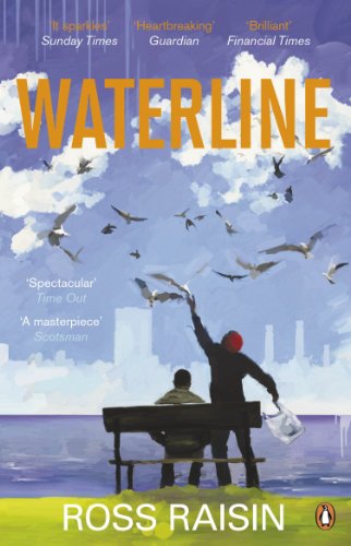 Book cover: "Waterline" with figures, birds, and a seascape in the background.