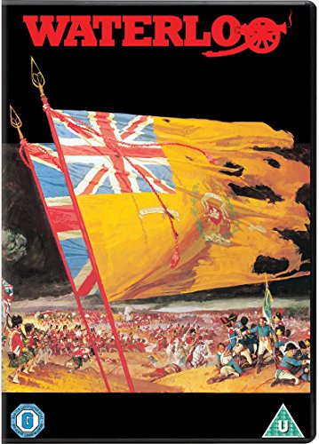 DVD cover for "Waterloo" featuring a battle scene and Union Jack flag.