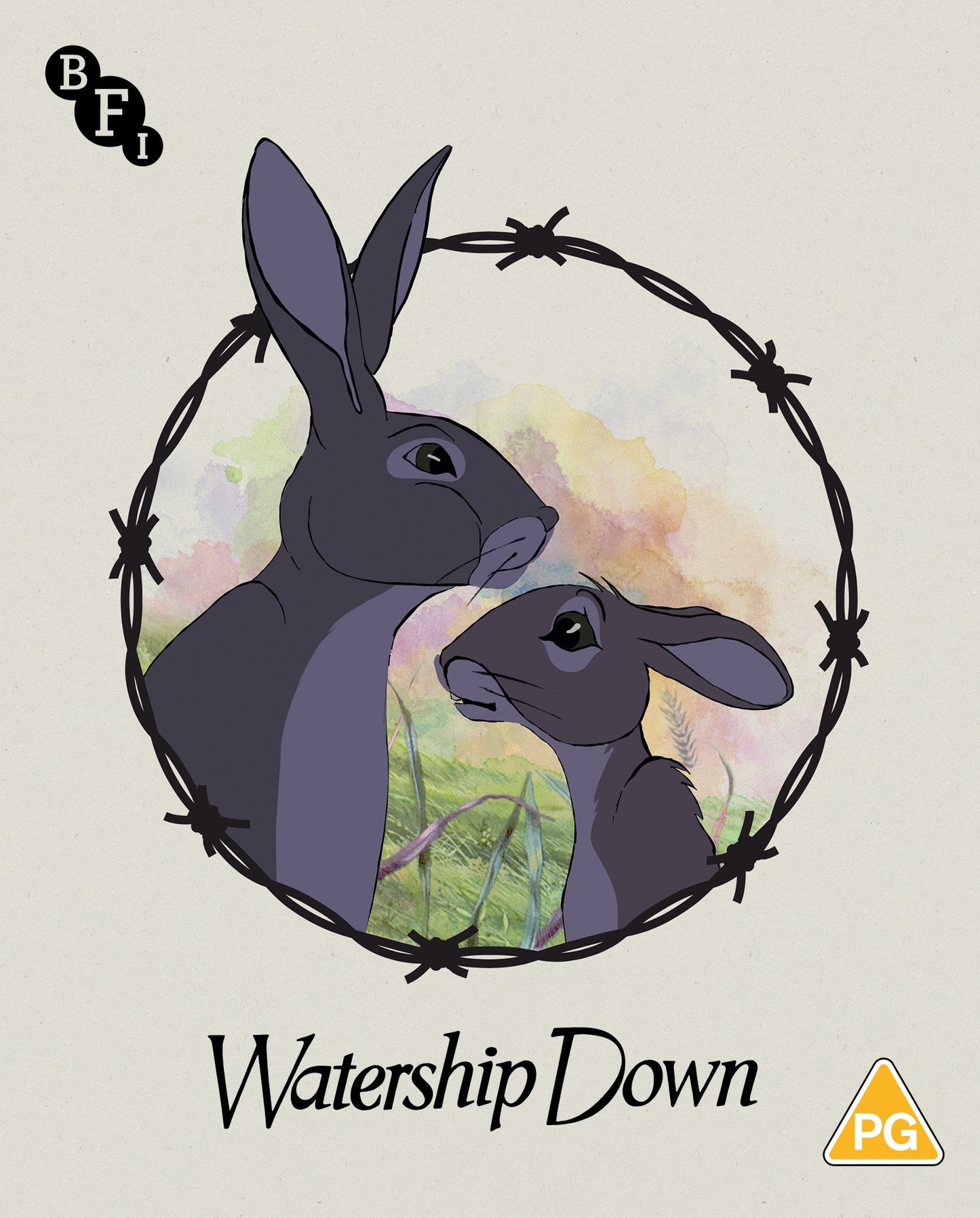 Two dark rabbits inside a barbed wire circle with watercolor grass and sky background.