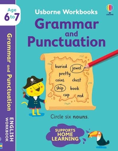 Usborne workbook cover titled Grammar and Punctuation for ages 6-7 featuring a pirate character.