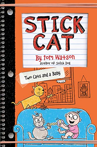 Book cover with stick figure cats, a baby, and a blue sofa.
