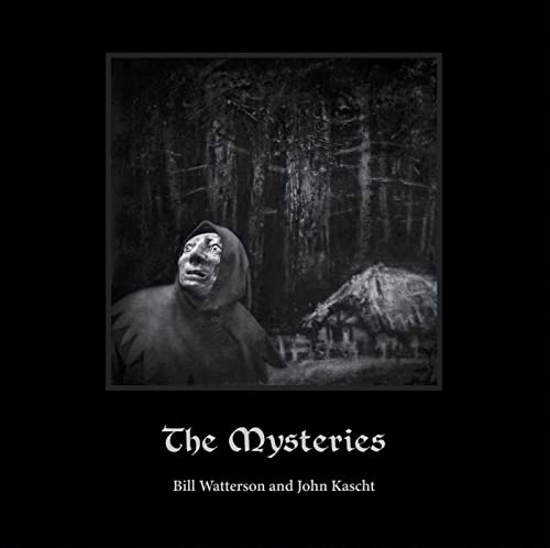 Dark, hooded figure in a forest, book cover titled "The Mysteries".