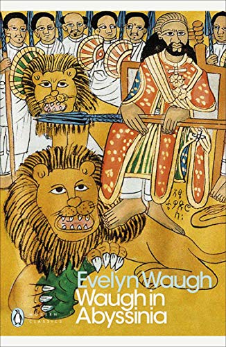 Book cover: colorful Ethiopian figures and lions, title “Waugh in Abyssinia”.