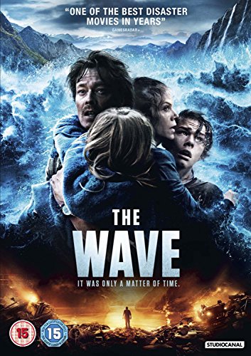 DVD cover for "The Wave" depicting a family amidst a large wave.