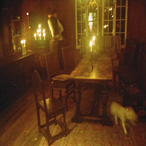 Dark room with wooden table, chairs, candles, and a white dog on a rug.