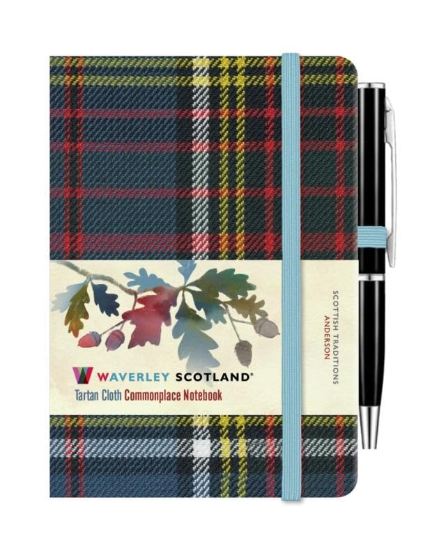 A small Anderson tartan notebook with a blue elastic band and attached black pen.