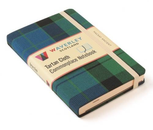 A notebook covered in green and blue MacKay Ancient tartan cloth with paper band.