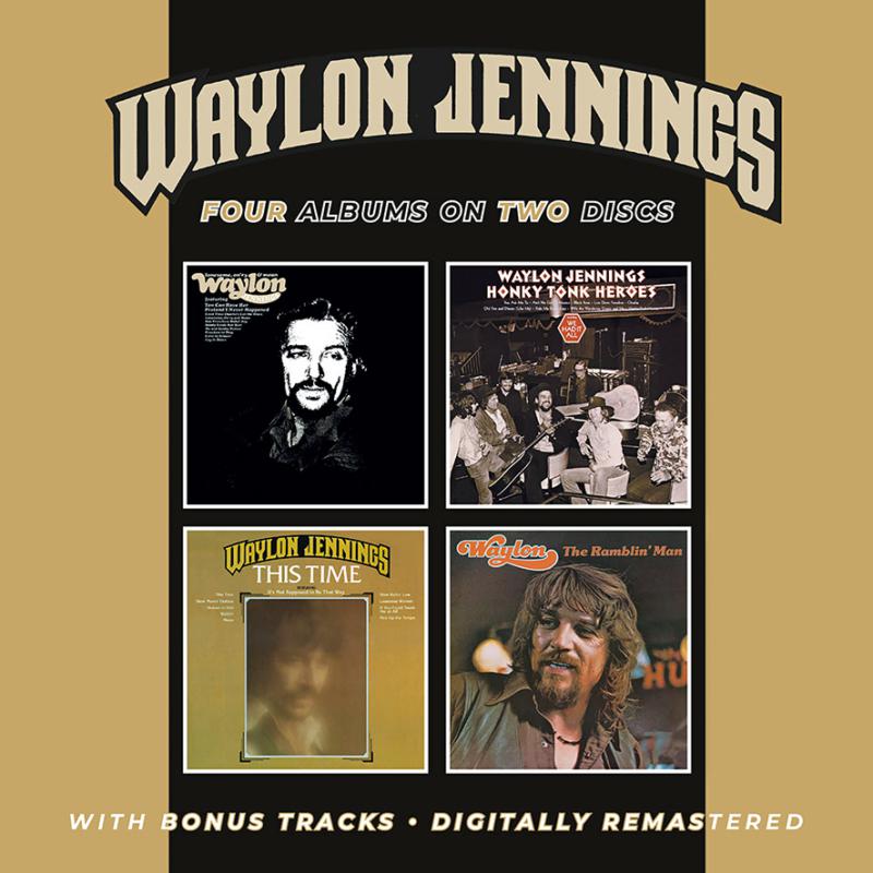 Waylon Jennings CD collection featuring four album covers on a gold and black background.