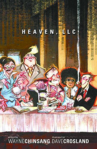 Book cover: "Heaven, LLC" with cartoon figures at a table.