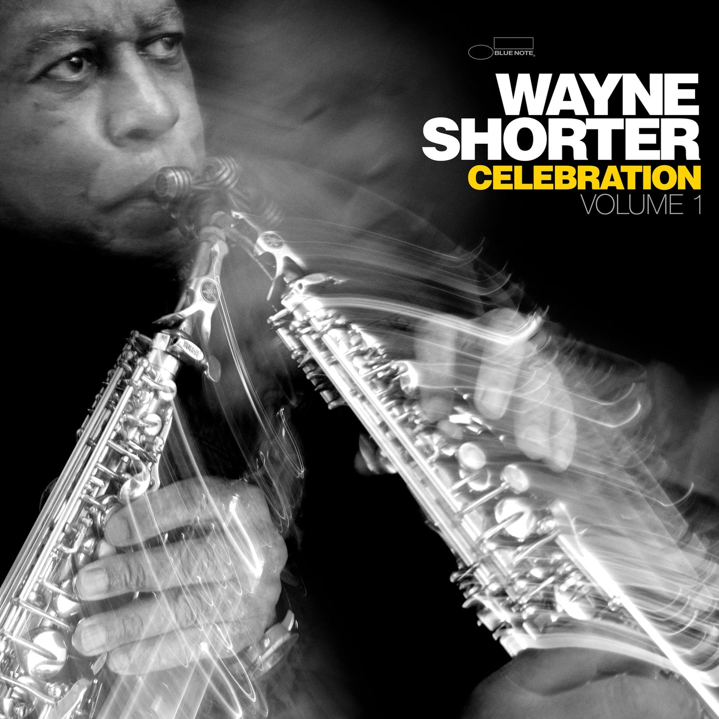 Wayne Shorter portrait with saxophone, album cover for “Celebration, Volume 1.”