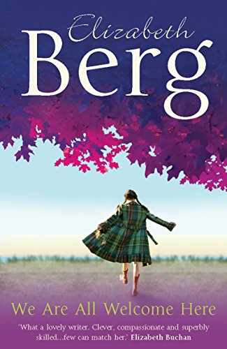 Book cover: girl in plaid coat running in a field, purple floral design.