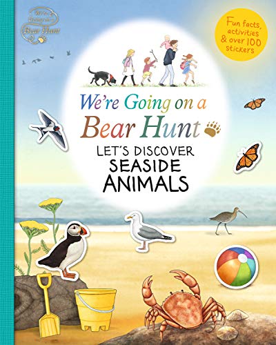 Children walking, seaside animals, and beach items on a book cover.