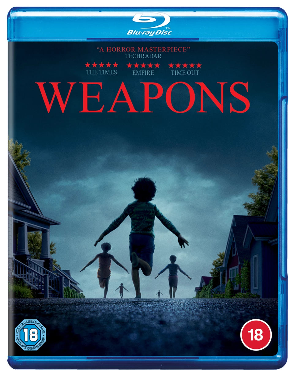 Blu-ray cover for Weapons showing children running down a suburban street at night.