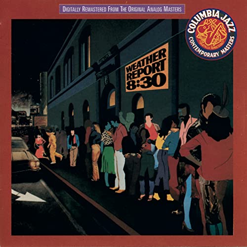 CD cover for Weather Report’s “8:30” featuring a building and crowd illustration.