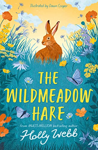 Book cover featuring a brown hare amidst colorful wildflowers and butterflies.