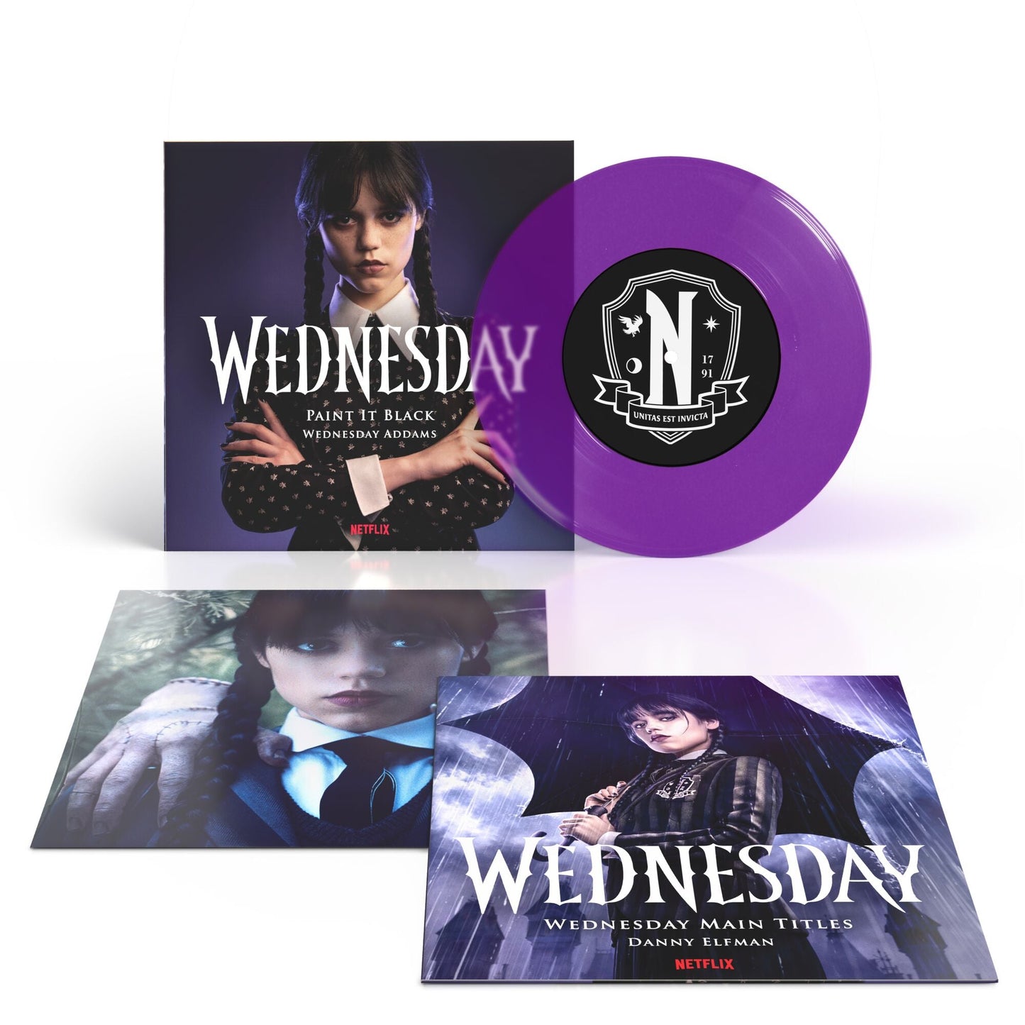 Wednesday" soundtrack CD with purple vinyl and character imagery.