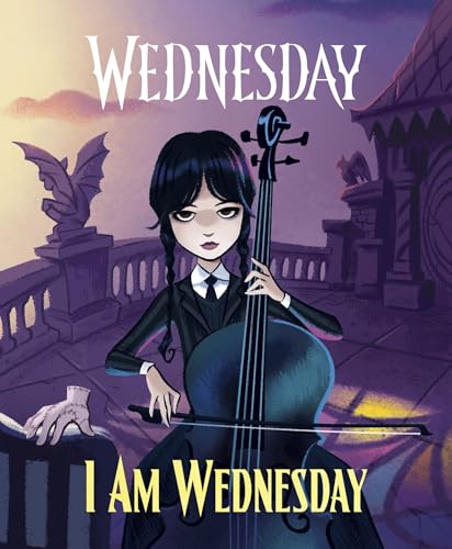 Illustration of Wednesday Addams playing the cello in front of a castle.