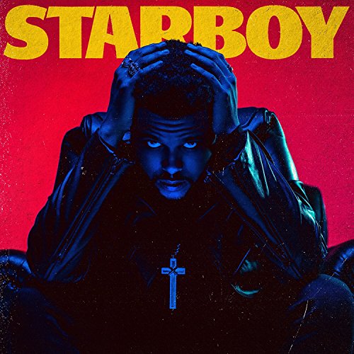 The Weeknd’s “Starboy” CD cover: artist with hands on head, red background.