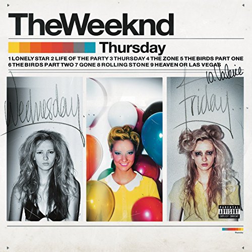 Album cover for The Weeknd's Thursday featuring three panels of women and tracklist text.